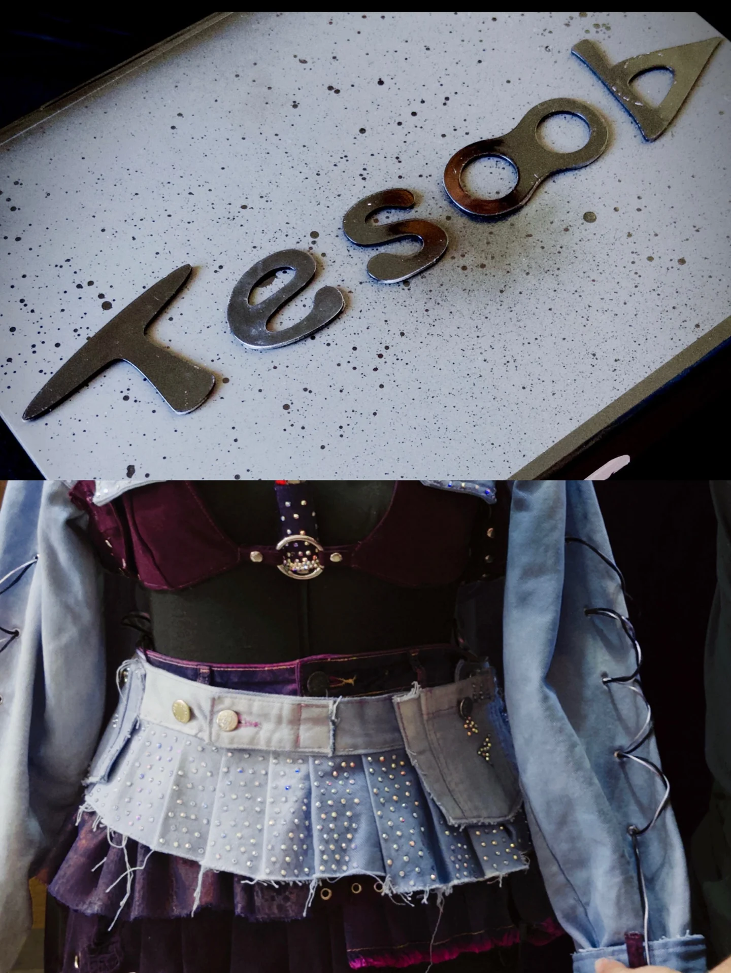 Colagem com o letreiro Tesoob e detalhes do look de jeans claro e roxo.